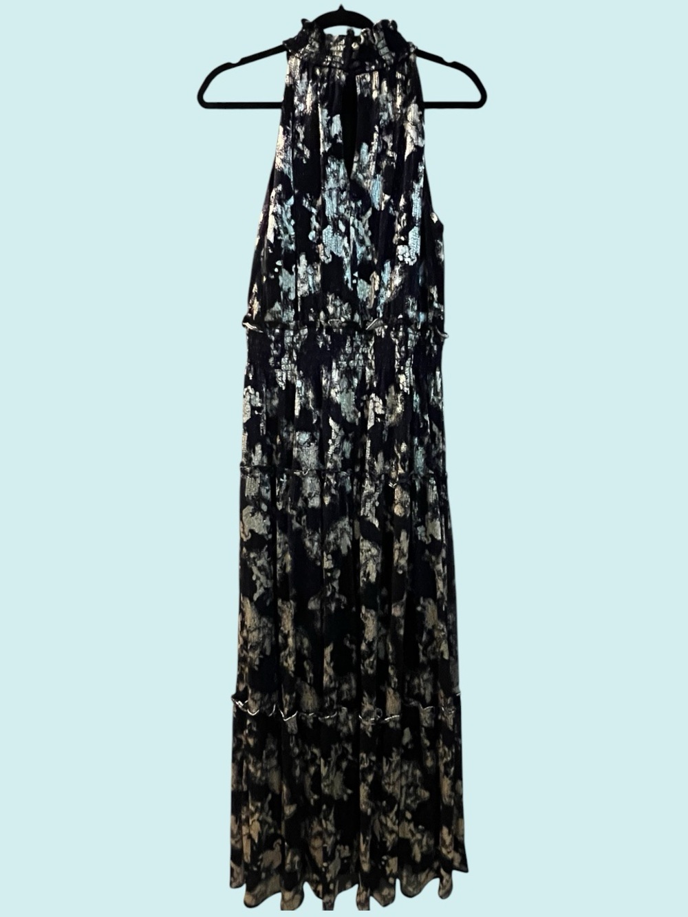 Taylor NY / Black Silver Metallic Tiered Maxi / Wedding Guest Dress / NEW
